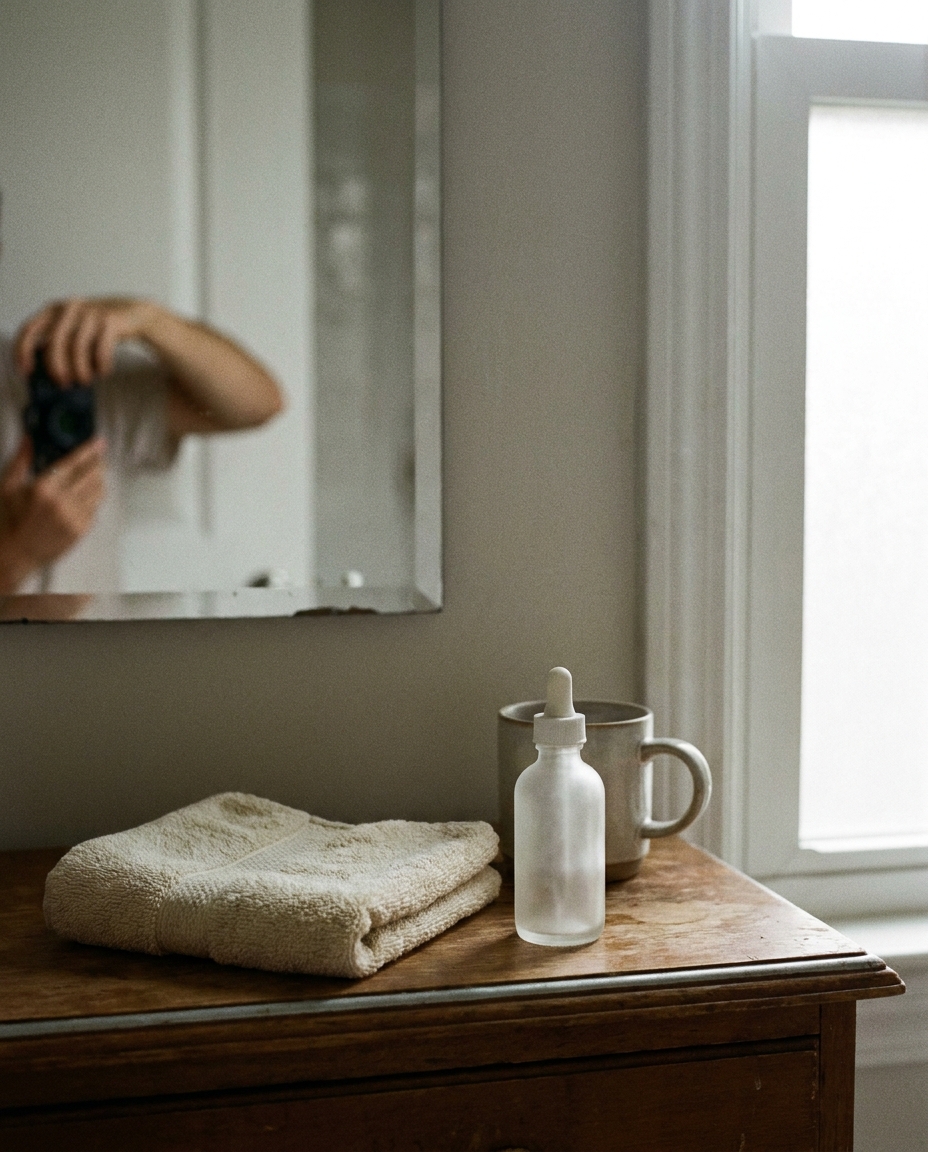 A quiet bathroom shelf with a towel and a dropper bottle