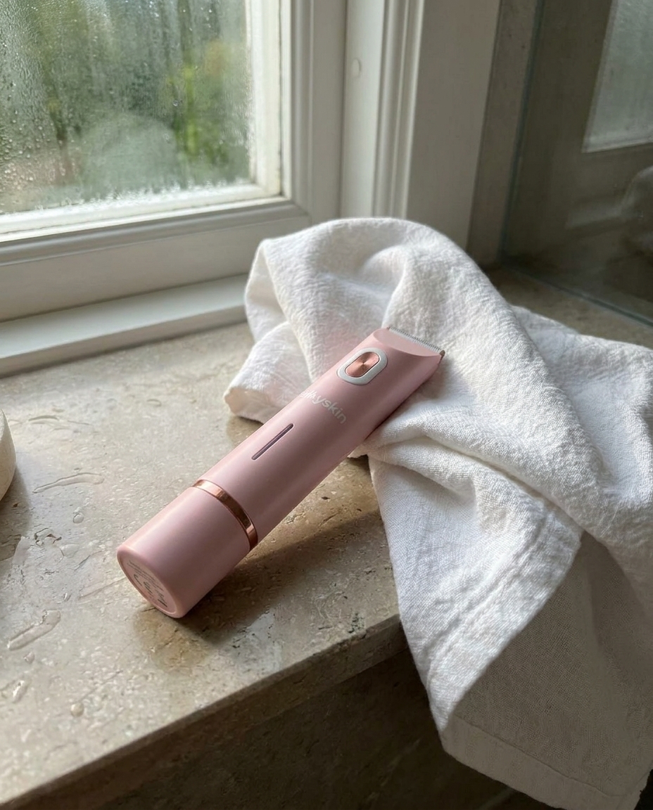The SilkySkin trimmer resting on a white towel by a bathroom window
